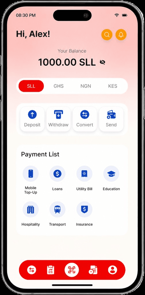 WazzoPay mobile app showing balance, transfers, and payment services
